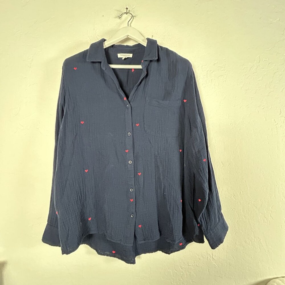 Beachlunchlounge Womens Alessia Embroidered Cotton Gauze Shirt XL Navy Red Heart